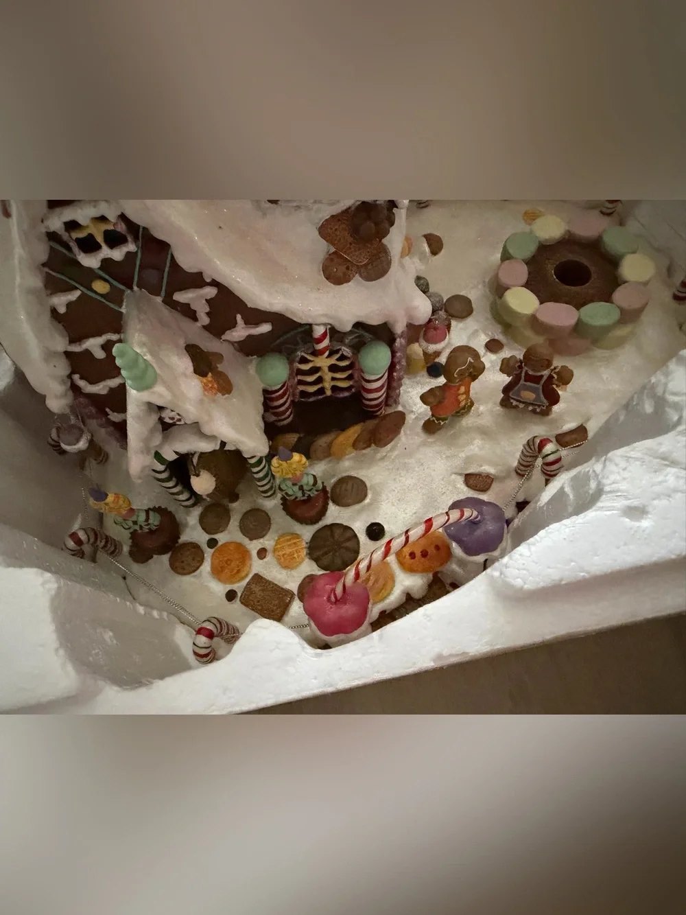Vintage Costco Pastel Gingerbread House W/ Candy Tree Ornaments Christmas Decor
